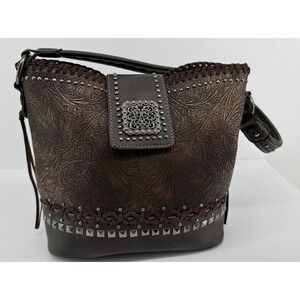 Montana West Brown Tooled Leather Western Shoulder Bag Studded Floral Purse